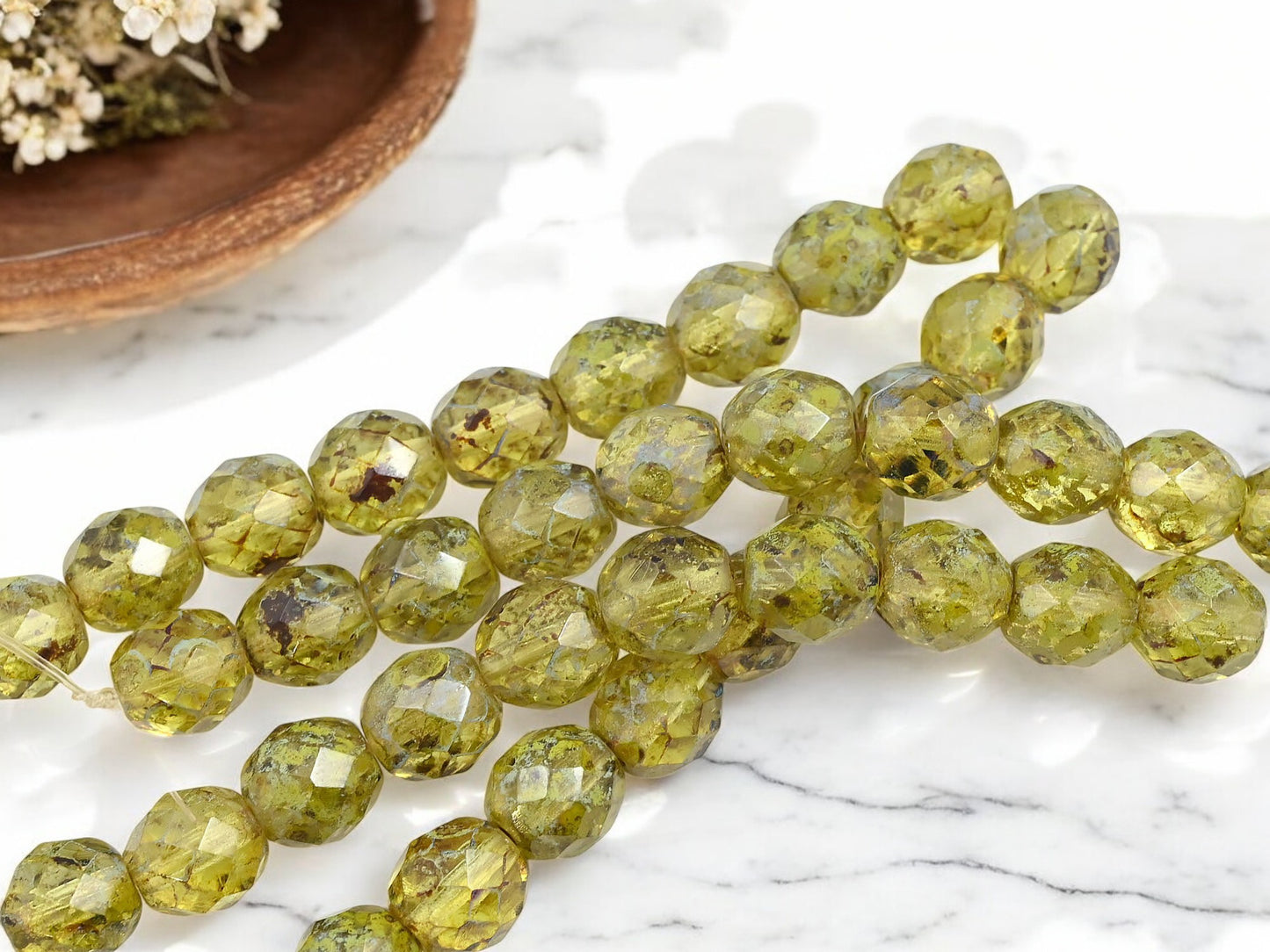 *10* 9mm Jonquil Picasso Fire Polished Round Beads