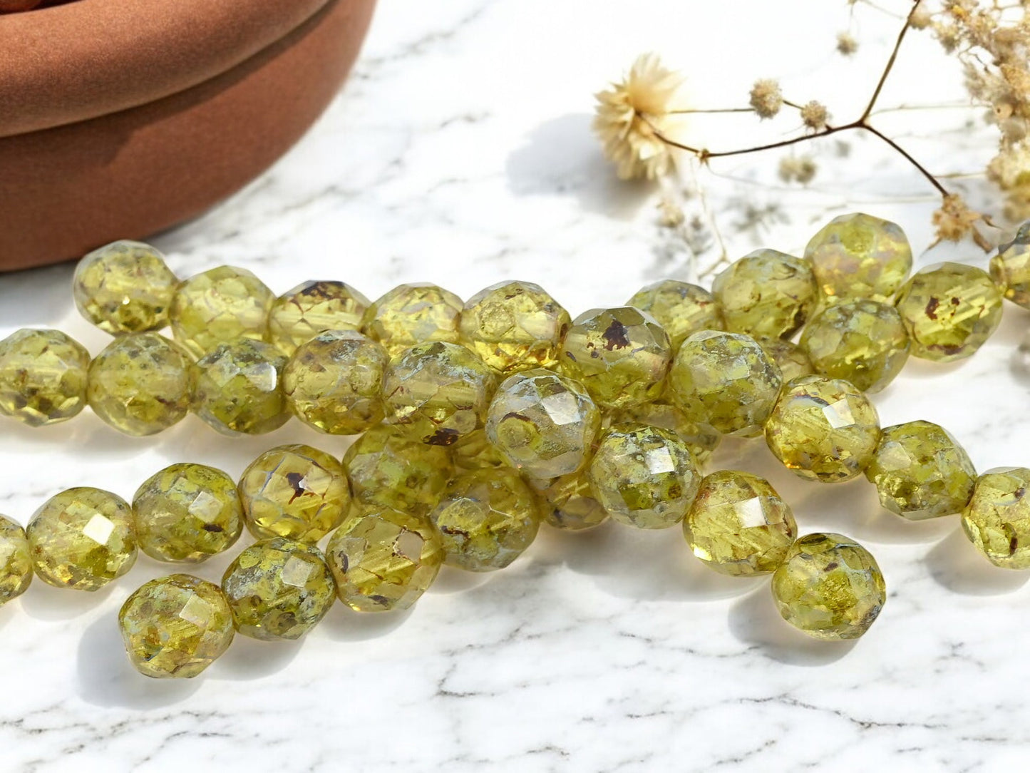 *10* 9mm Jonquil Picasso Fire Polished Round Beads