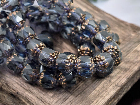 *15* 8mm Bronze Washed Montana Blue Fire Polished Cathedral Beads