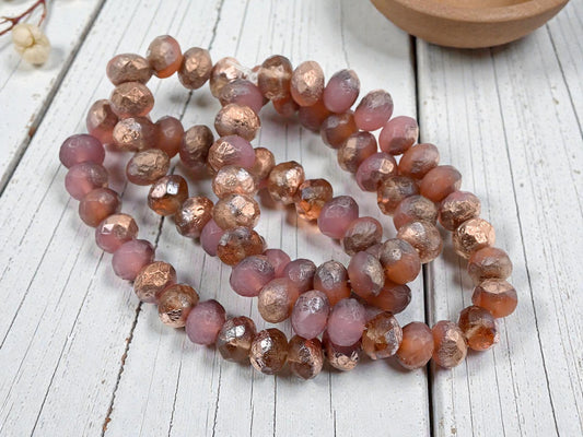 *25* 6x8mm Copper Washed Etched Pink Opal Fire Polished rondelle Beads