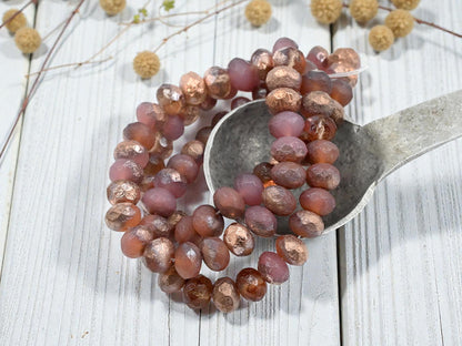 *25* 6x8mm Copper Washed Etched Pink Opal Fire Polished rondelle Beads