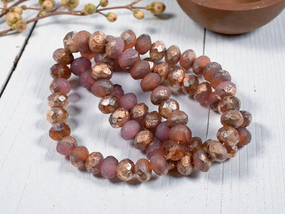 *25* 6x8mm Copper Washed Etched Pink Opal Fire Polished rondelle Beads