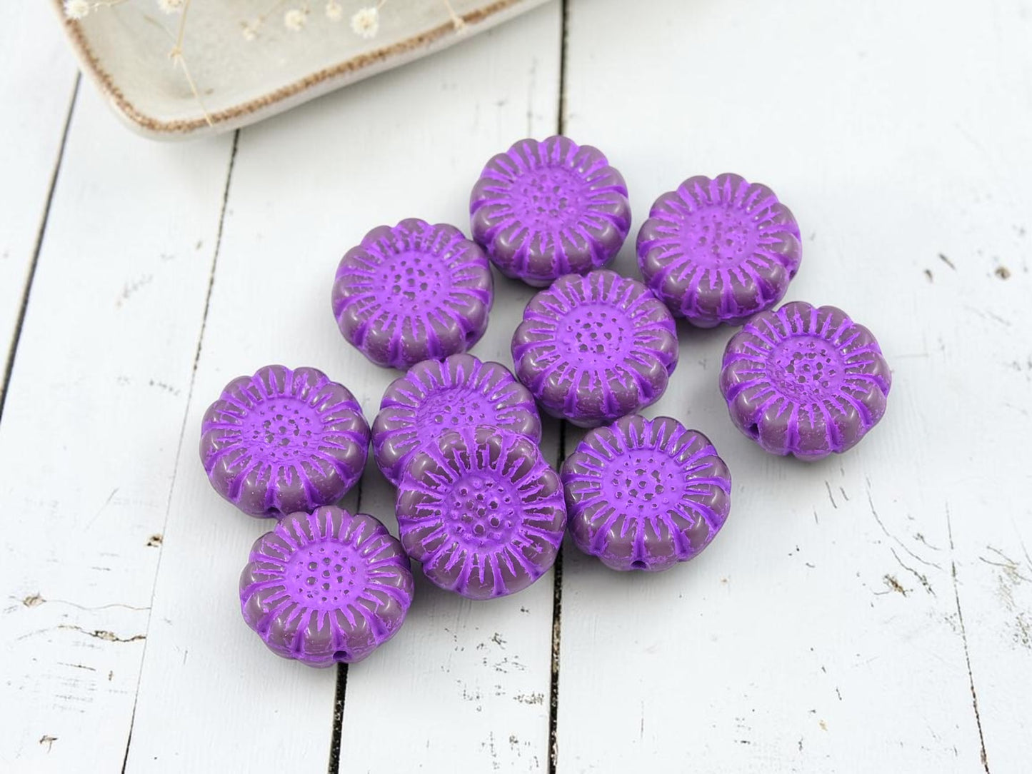 *10* 13mm Purple Washed Purple Pansy Sunflower Coin Beads