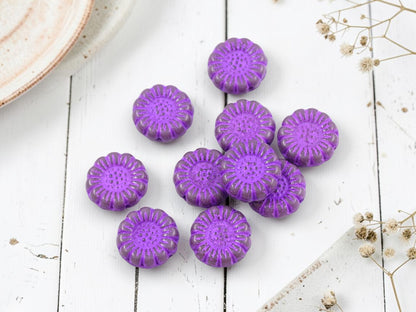 *10* 13mm Purple Washed Purple Pansy Sunflower Coin Beads