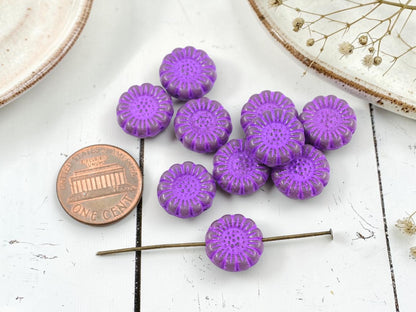 *10* 13mm Purple Washed Purple Pansy Sunflower Coin Beads