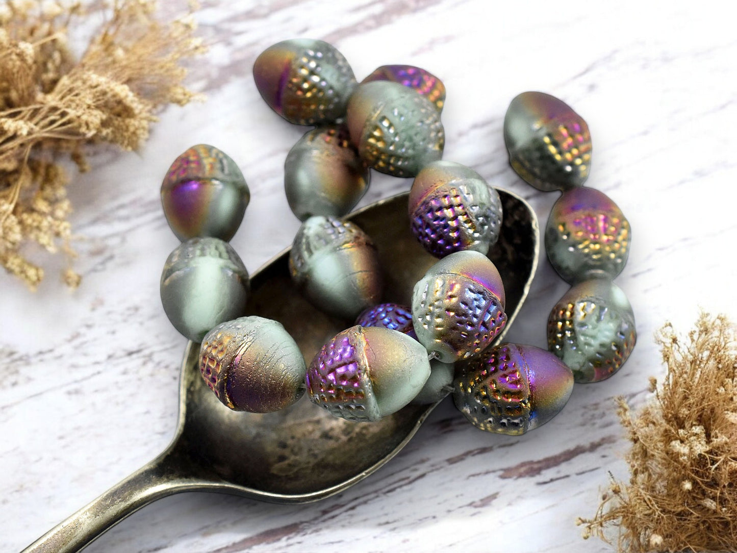 *8* 10x12mm Gold AB Washed Matte Light Turquoise  Acorn Oval Beads