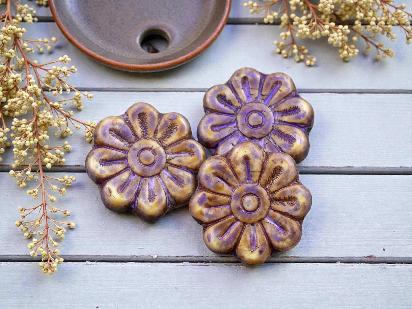 *6* 18mm Purple Washed Alabaster Picasso Daisy Flower Beads