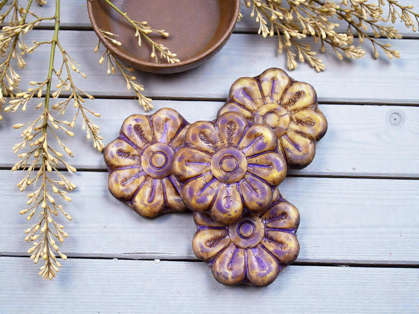 *6* 18mm Purple Washed Alabaster Picasso Daisy Flower Beads