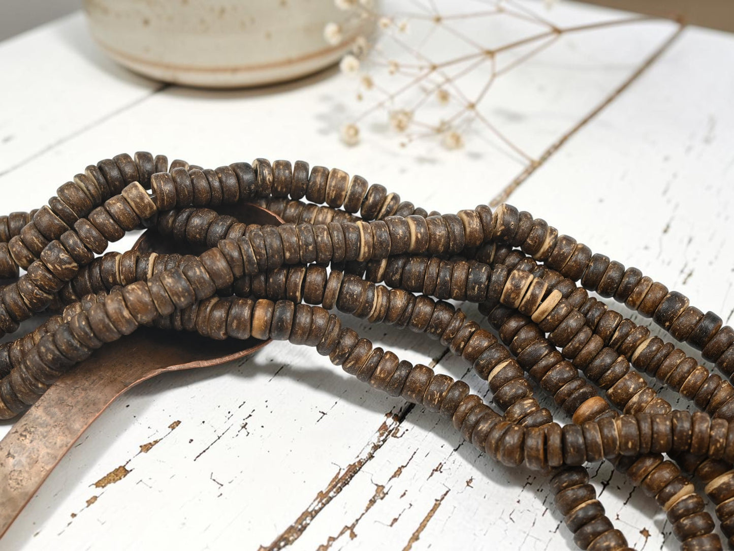 8x2.5mm Natural Coconut Shell Heishi Beads (16" Strand)