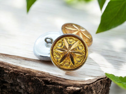 18mm Star Flower Button Yellow Gold with a Gold Star - Czech Glass Buttons