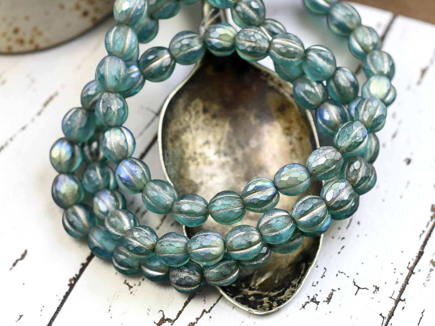 *25* 6mm Platinum Washed Matte Teal AB Faceted Round Melon Beads