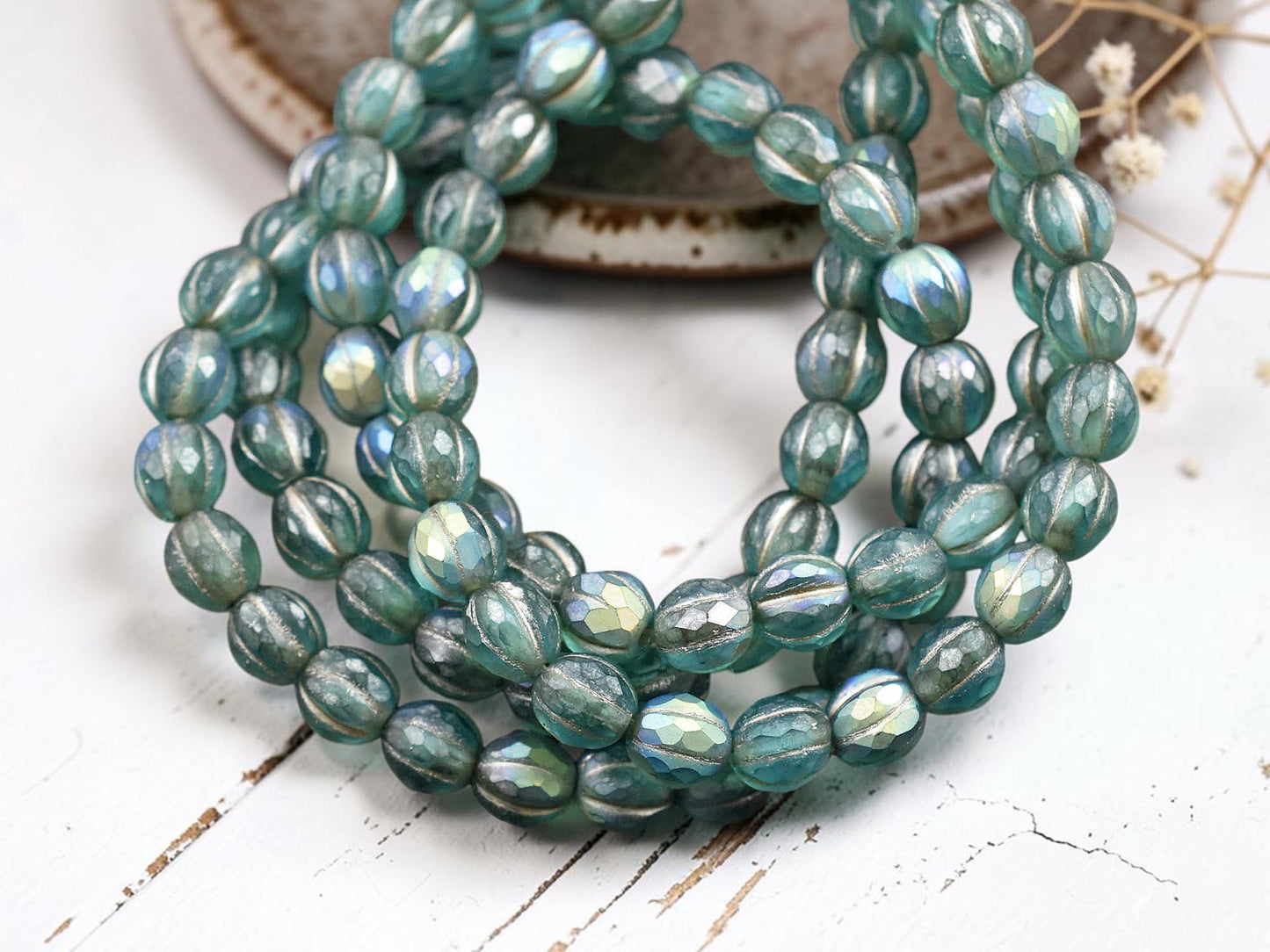 *25* 6mm Platinum Washed Matte Teal AB Faceted Round Melon Beads