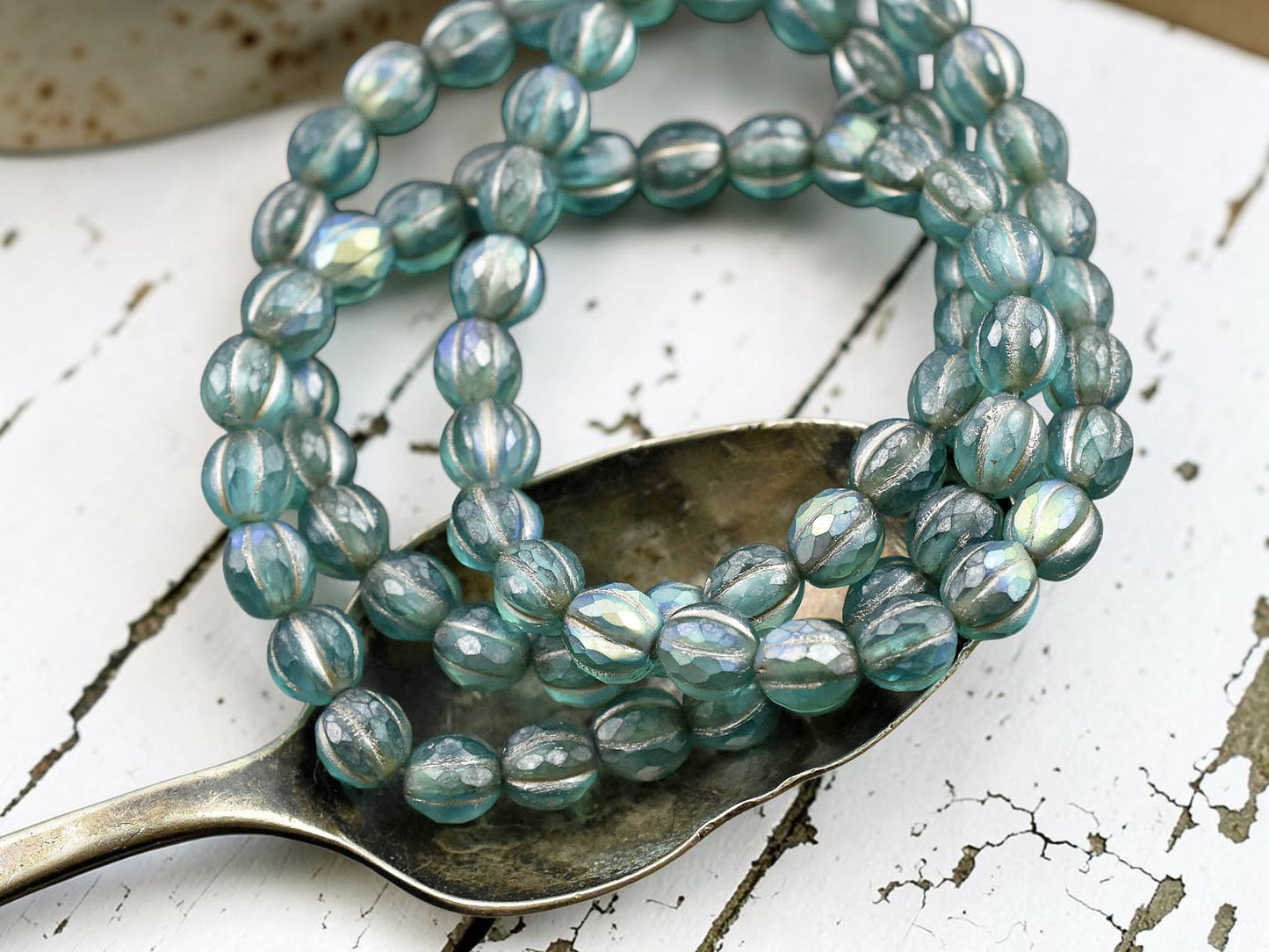 *25* 6mm Platinum Washed Matte Teal AB Faceted Round Melon Beads