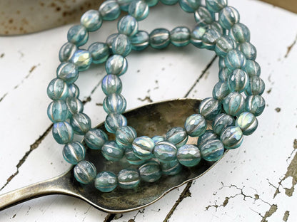 *25* 6mm Platinum Washed Matte Teal AB Faceted Round Melon Beads
