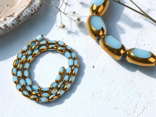 7x5mm Gold Washed Opaque Sky Blue Electroplated Oval Beads (14" Strand)