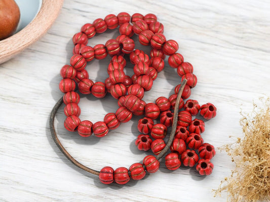 *20* 8mm Bronze Washed Varigated Red Large Hole Melon Beads