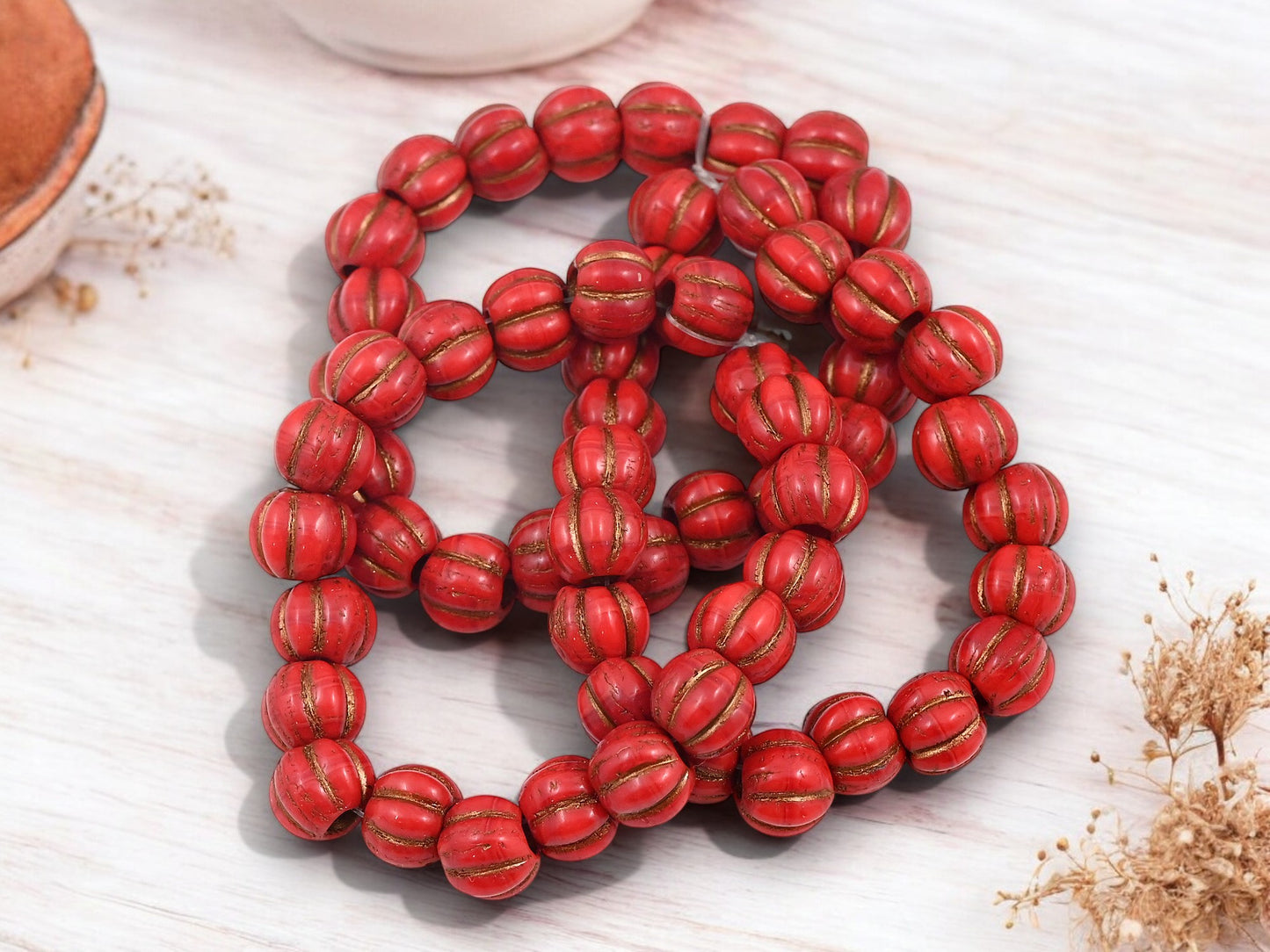 *20* 8mm Bronze Washed Varigated Red Large Hole Melon Beads