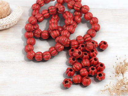 *20* 8mm Bronze Washed Varigated Red Large Hole Melon Beads