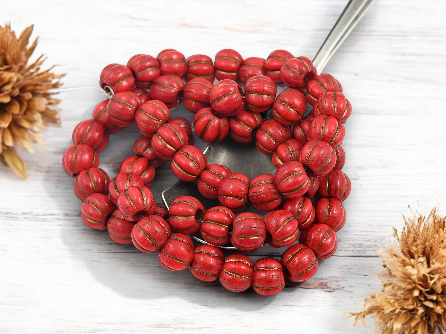 *20* 8mm Bronze Washed Varigated Red Large Hole Melon Beads