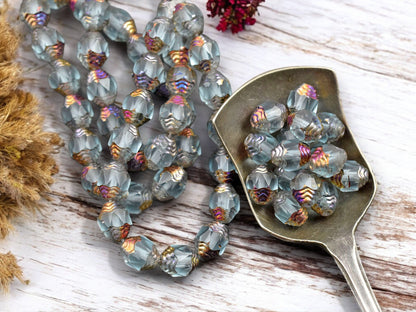 *15* 6x8mm Metallic Volcano Washed Matte Sky Blue Oval Cathedral Beads