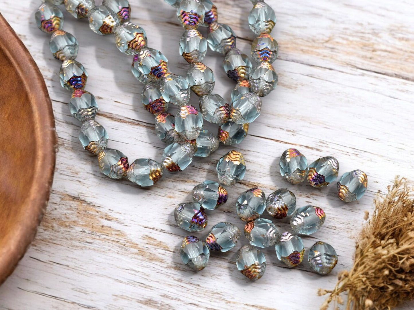 *15* 6x8mm Metallic Volcano Washed Matte Sky Blue Oval Cathedral Beads