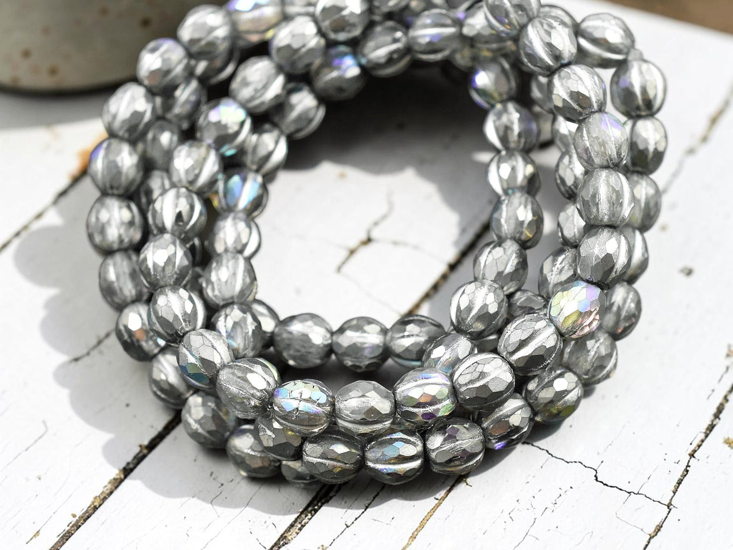*25* 6mm Silver Washed Silver AB Faceted Round Melon Beads