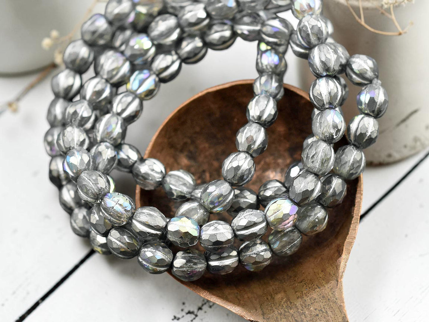 *25* 6mm Silver Washed Silver AB Faceted Round Melon Beads