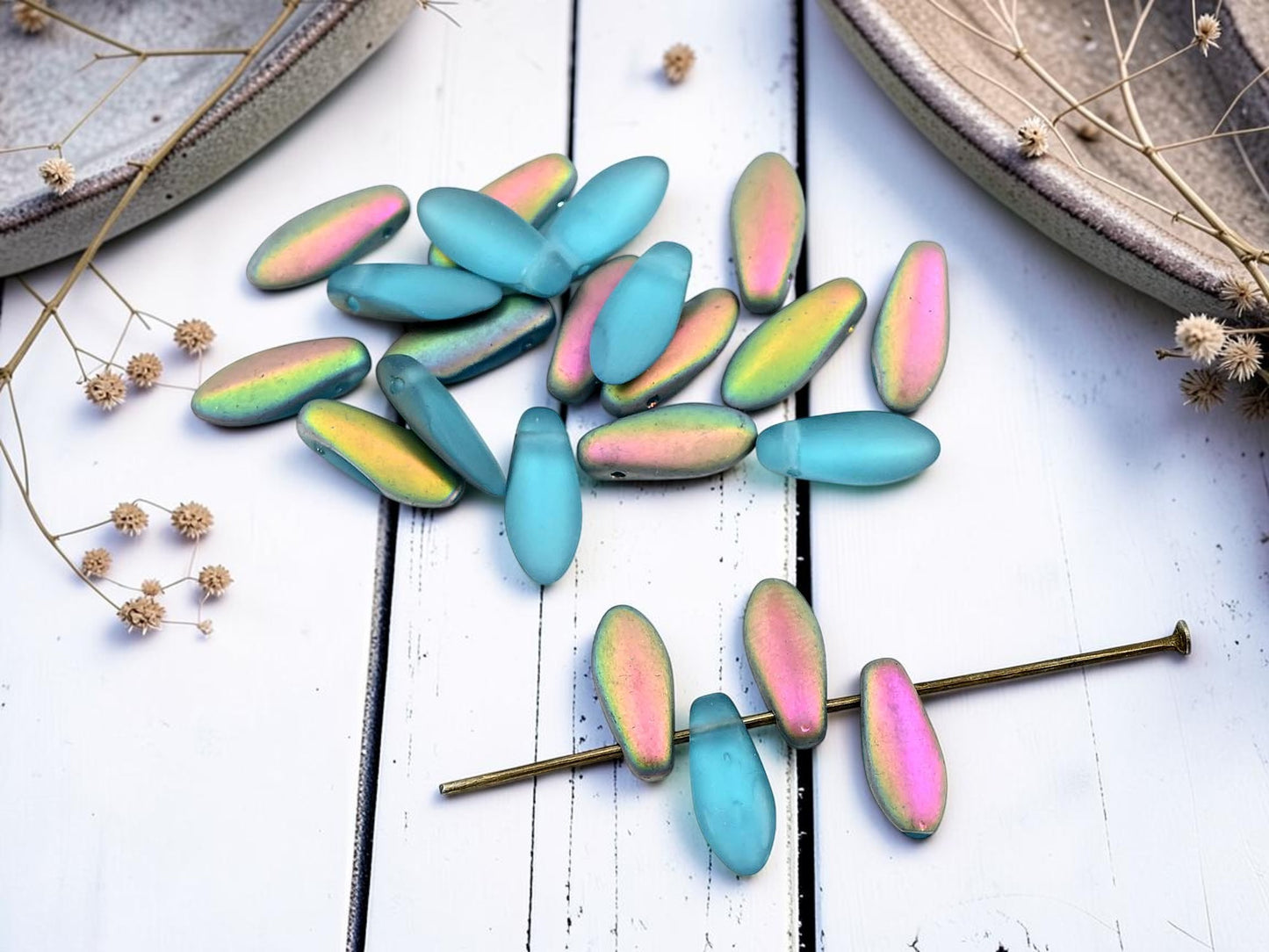 *50* 12x5mm Frosted Aqua Vitrail Dagger Beads