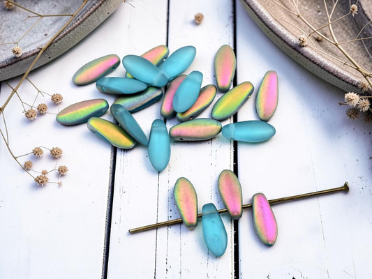 *50* 12x5mm Frosted Aqua Vitrail Dagger Beads