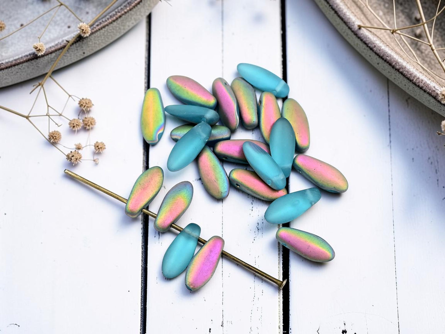 *50* 12x5mm Frosted Aqua Vitrail Dagger Beads