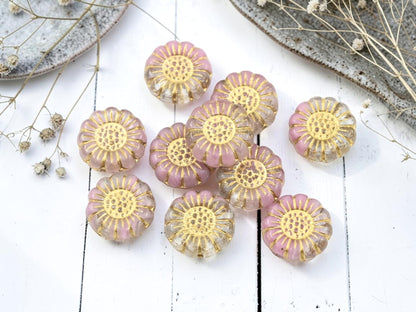 *10* 13mm Gold Washed Pink Crystal Sunflower Coin Beads