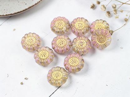 *10* 13mm Gold Washed Pink Crystal Sunflower Coin Beads