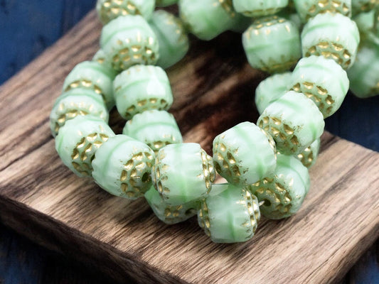 *15* 8mm Gold Washed Mint Silk Fire Polished Cathedral Beads