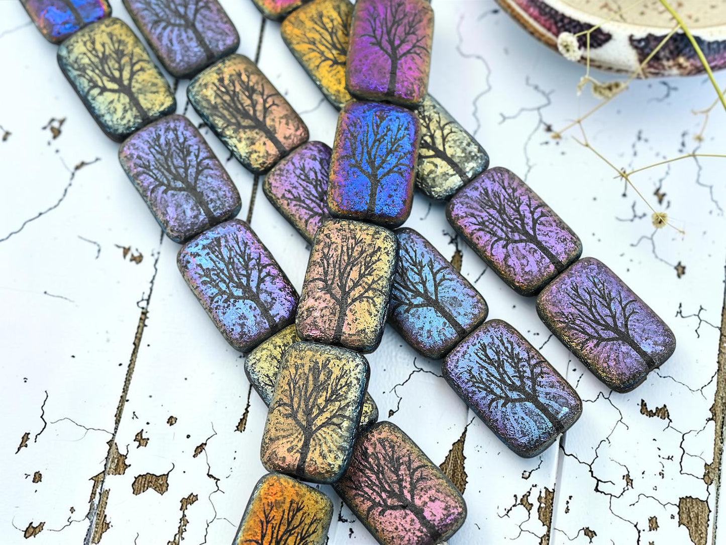 *6* 18x12mm Acid Etched Jet AB Tree of Life Laser Tattoo Rectangle Beads
