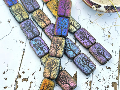 *6* 18x12mm Acid Etched Jet AB Tree of Life Laser Tattoo Rectangle Beads
