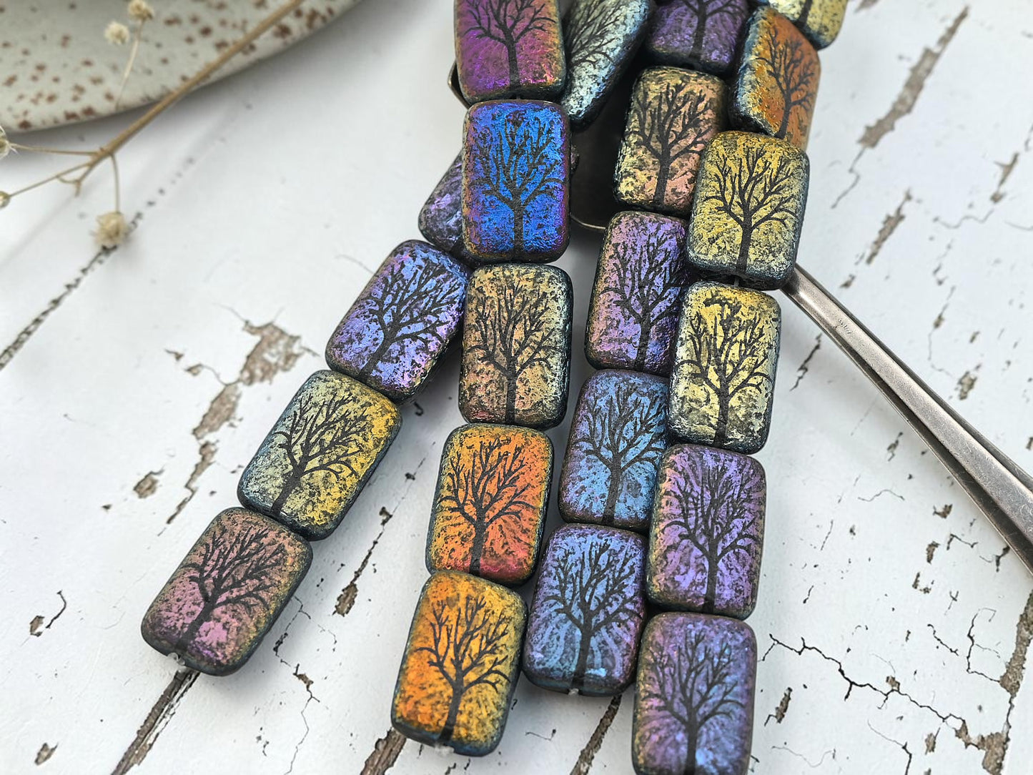 *6* 18x12mm Acid Etched Jet AB Tree of Life Laser Tattoo Rectangle Beads
