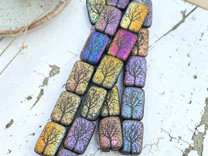 *6* 18x12mm Acid Etched Jet AB Tree of Life Laser Tattoo Rectangle Beads
