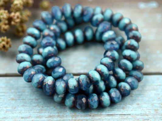 *25* 6x8mm Bronze Washed Blended Blue Turquoise & Deep Aqua Fire Polished Rondelle Beads