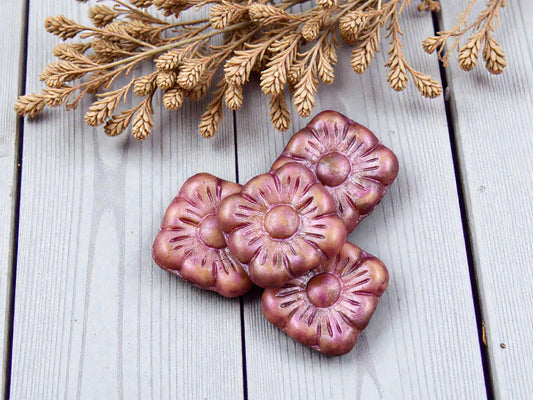 *10* 11mm Matte Pink Luster Washed Opaque Beige Square Flower Beads