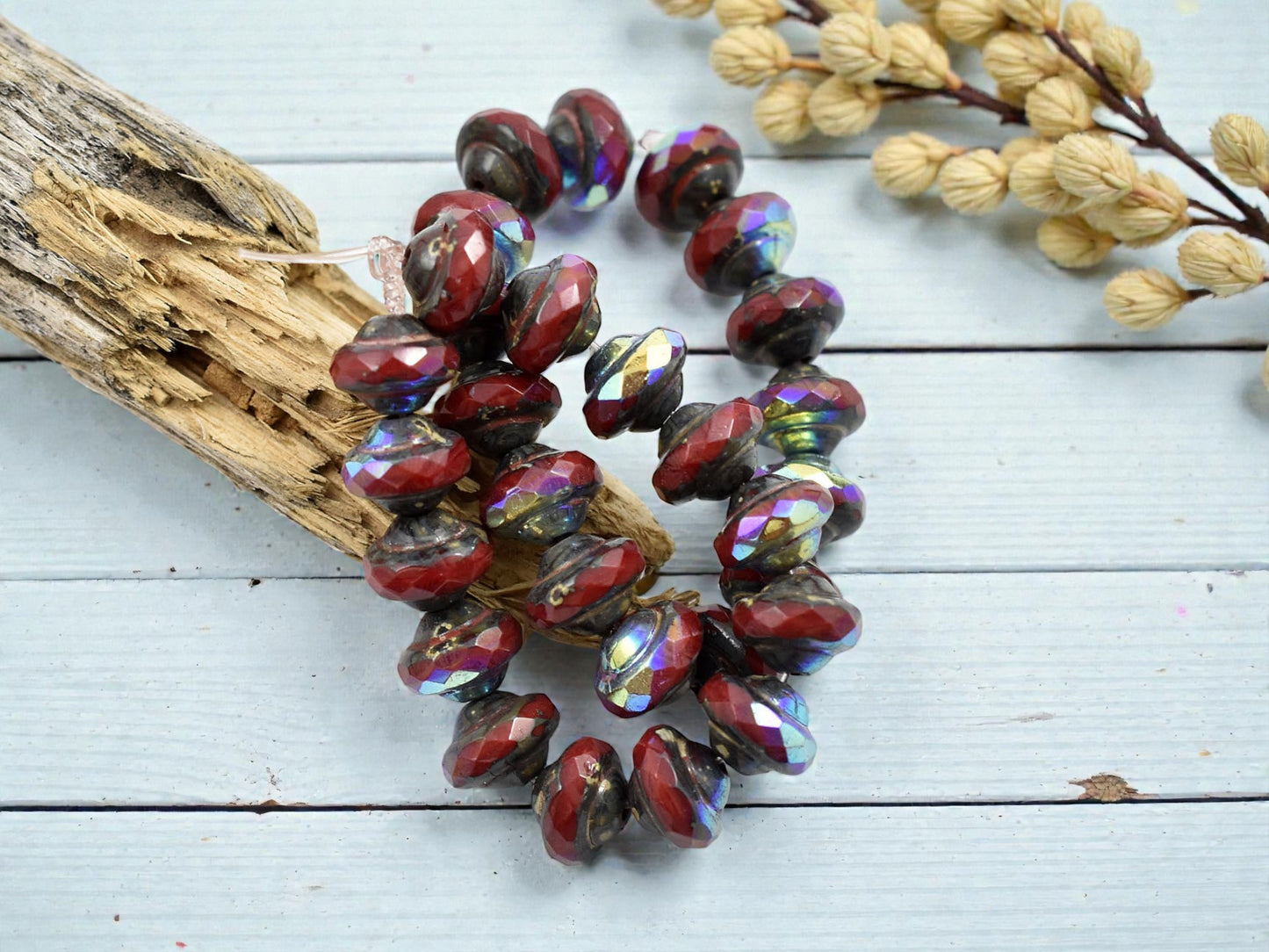 *15* 6x8mm Ruby Red Picasso AB Saturn Beads