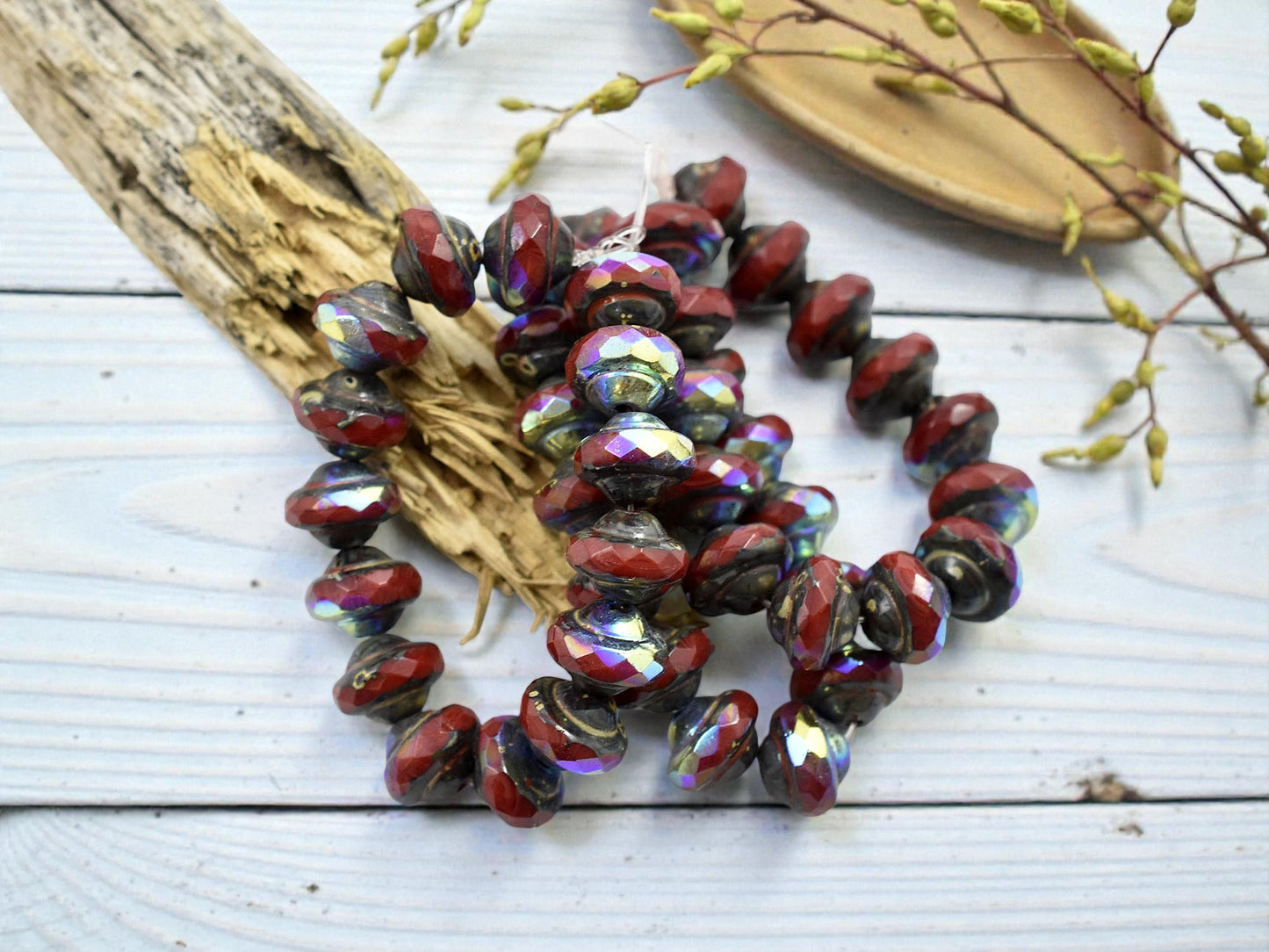 *15* 6x8mm Ruby Red Picasso AB Saturn Beads