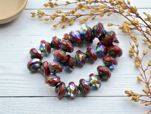 *15* 6x8mm Ruby Red Picasso AB Saturn Beads