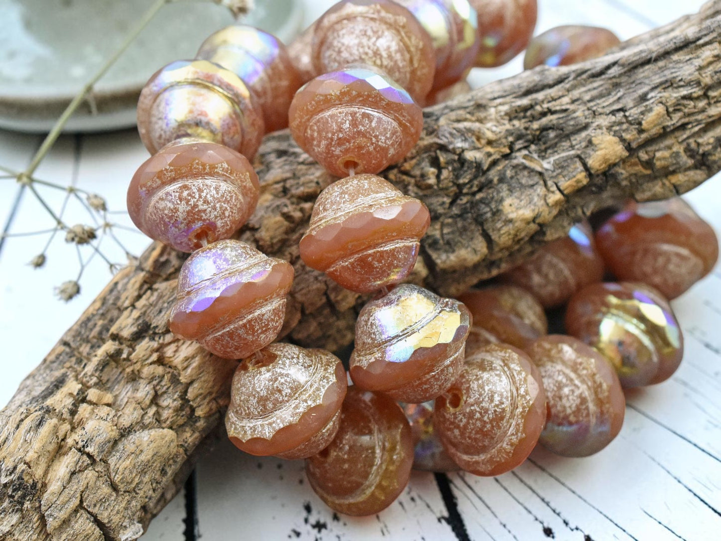 *12* 10x12mm Silver AB Washed Apricot Saturn Beads