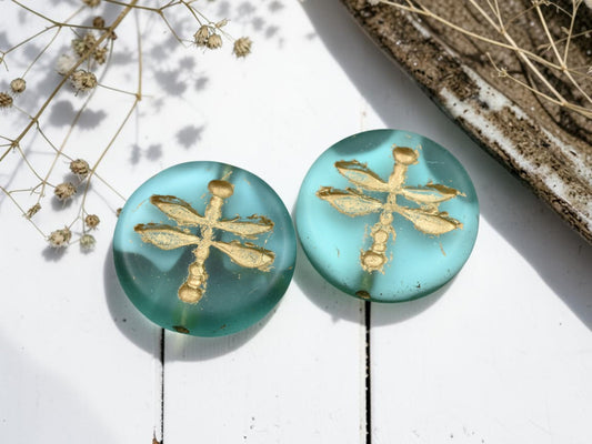 *4* 18mm Gold Washed Matte Green Aqua Cloud Dragonfly Coin Beads
