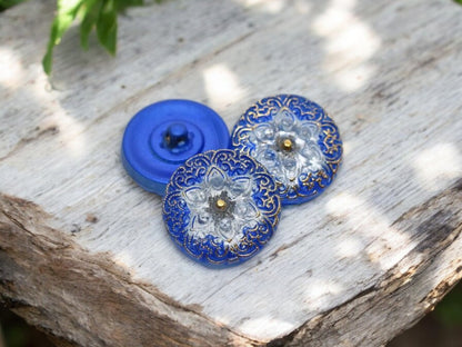 18mm Arabian Star Button Cobalt with Gold Accents -- Czech Glass Buttons
