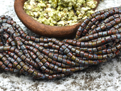 6/0 Aged Dark Red Picasso Bugle Tube Seed Bead Mix (21" Strand)