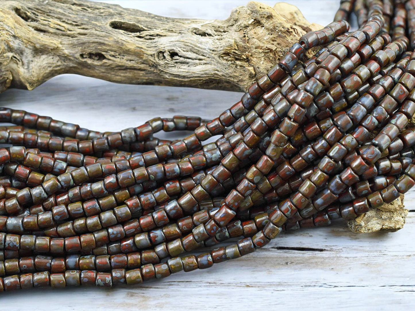 6/0 Aged Dark Red Picasso Bugle Tube Seed Bead Mix (21" Strand)