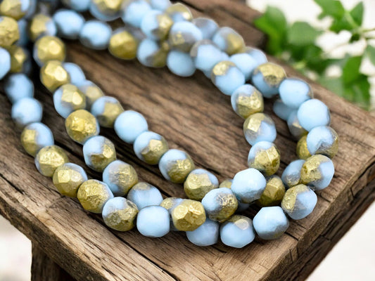 *25* 6mm Gold Washed Etched Sky Blue Fire Polished Round Beads