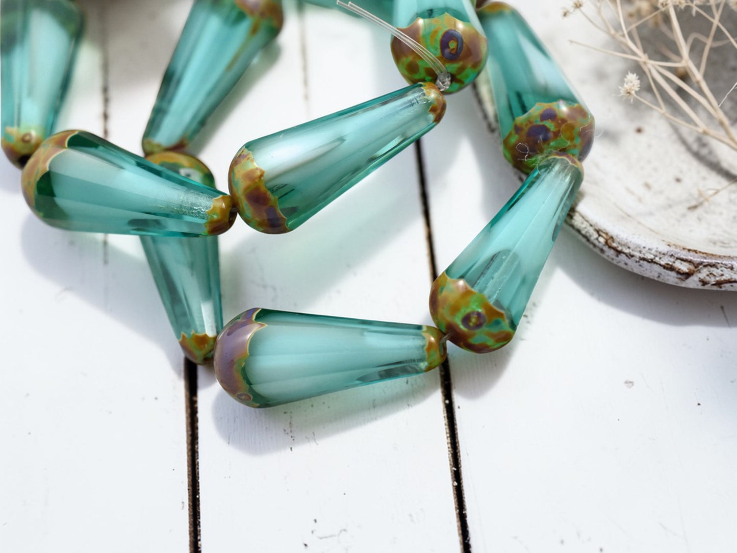 *6* 8x20mm Aqua Cloud Picasso Faceted Drop Beads