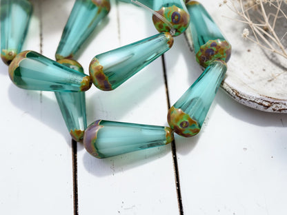 *6* 8x20mm Aqua Cloud Picasso Faceted Drop Beads